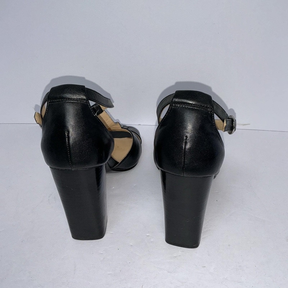 Cole Haan NikeAir Black Leather T-Strap Sandals Size 8.5B Chunky Heel Peep Toe - Picture 5 of 10